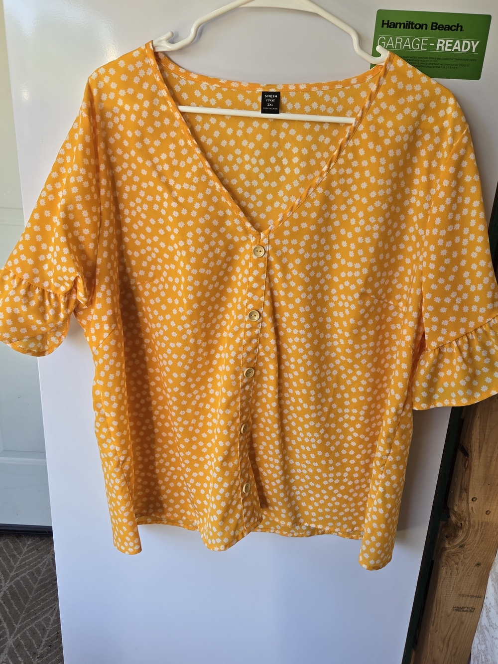 SHEIN Yellow Dotted V-Neck Button Blouse